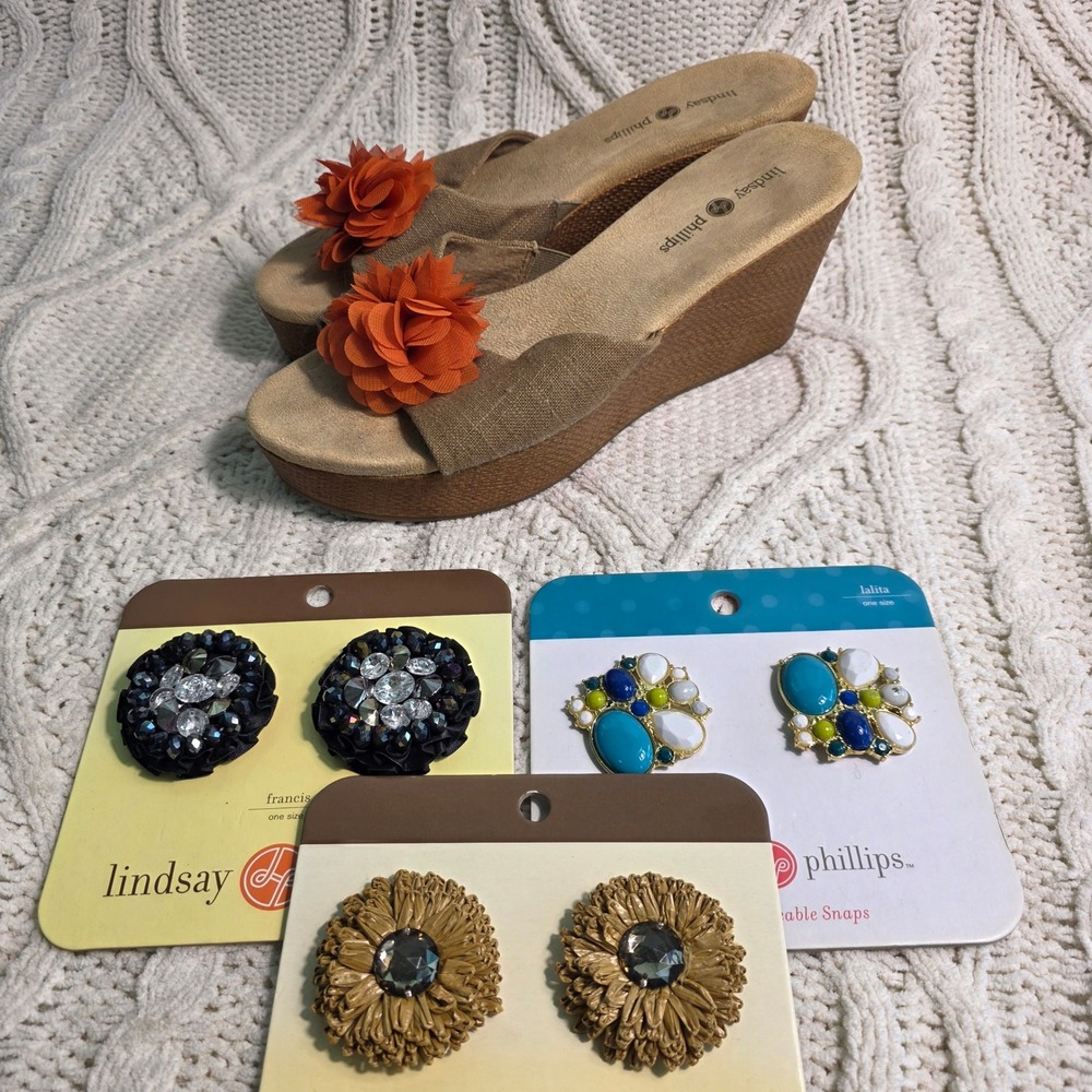 Lindsay Phillips Wedge Sandals Tan 4 Pr in 1‎ Interchangeable Snaps Jeweled 11